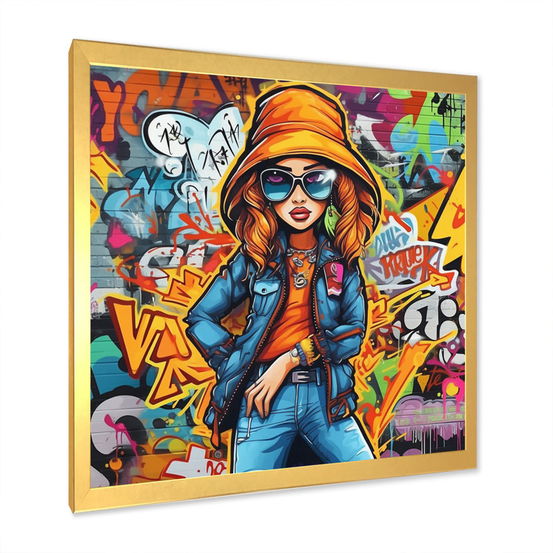 Femme graffiti sur toile, H 30 po x l 30 po x P 1 po, Encadrement doré