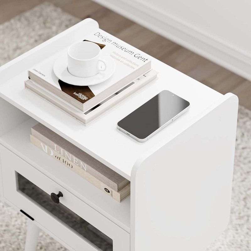 Night Stand, Modern Side Table Nightstand Bedside Table With Storage Drawer And Open Wood Shelf,Small End Side Table With Front Clear Drawer For Bedroom,Living Room,White Without Outlet