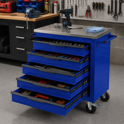 Blue and Black 5-Drawer Rolling Tool Cart, Lockable Tool Box