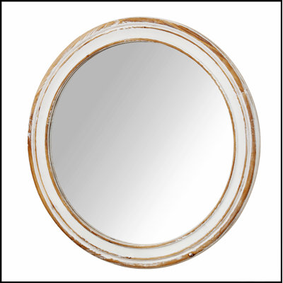 Miroir mural rond rond en bois pour salle de bain, chambre à coucher et salon avec bord blanchi
