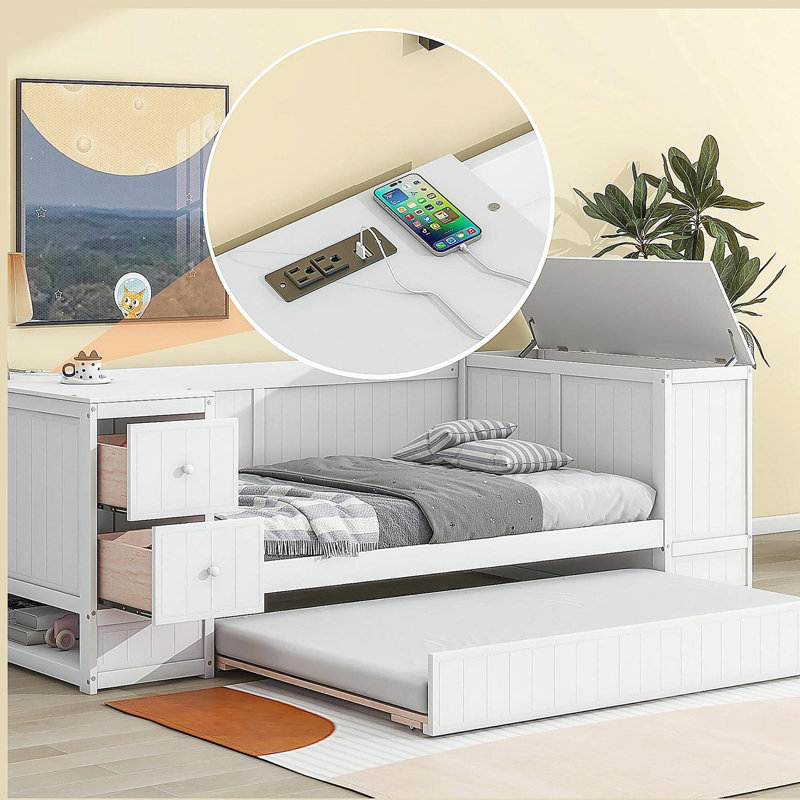 Twin Size Daybed with Trundle and Charging Station, White