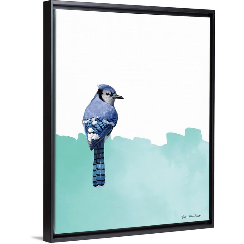 Oiseau sur bleu-reproduction d’art sur toile, Cadre noir, H 42 po x l 32 po x P 1,75 po