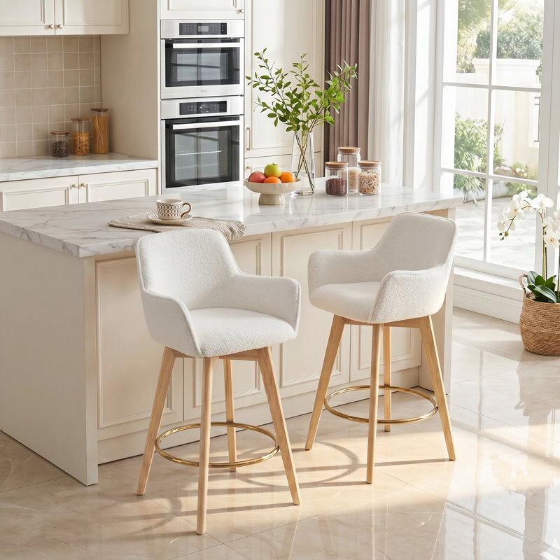 Wylee Swivel Upholstered 26.6" H Counter Stool, White Boucle