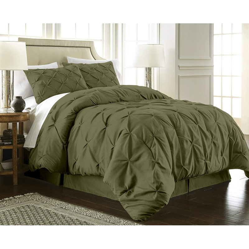 Berlin Pintuck Microfiber 3-Piece Comforter Set, Queen Comforter + 2 Standard Shams, Olive