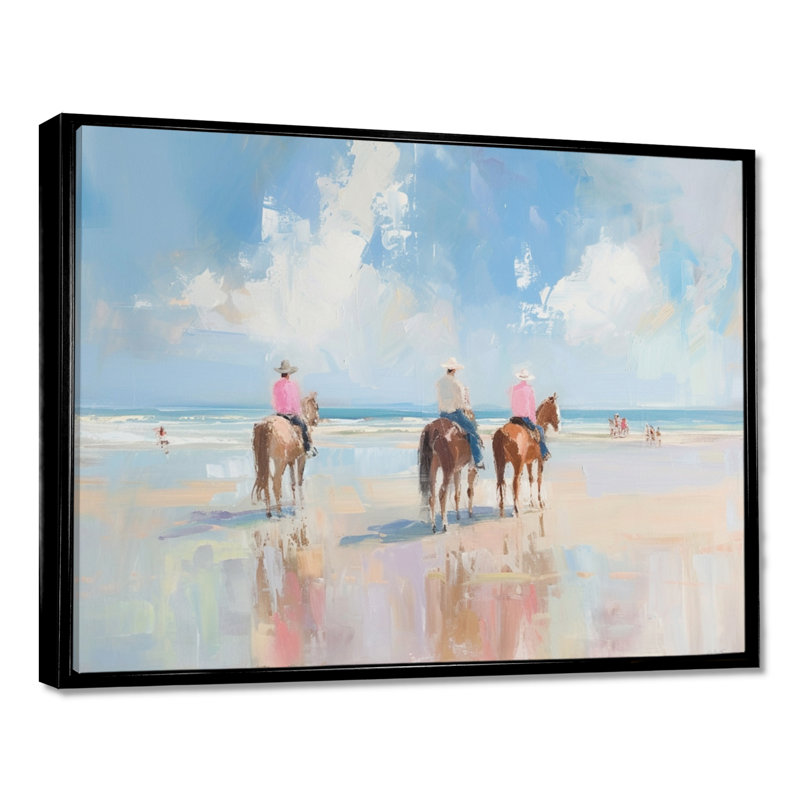 Surfside Beach, Texas Cowboys à cheval - décoration murale de cow-filles, Toile avec cadre flottant noir