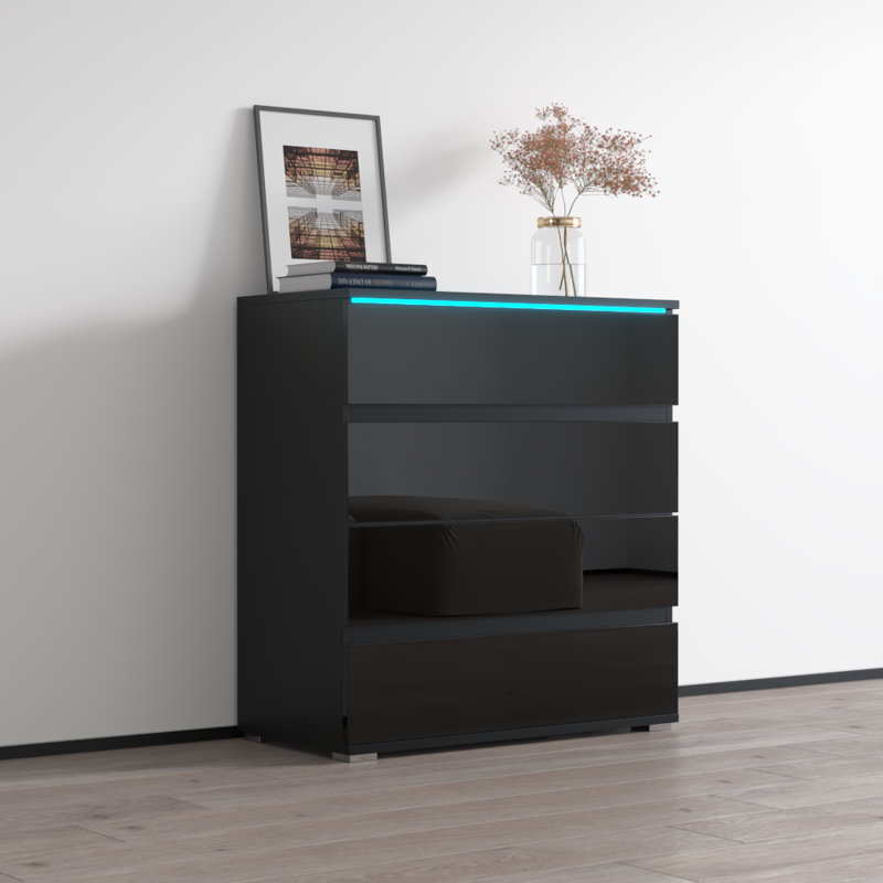 Astorga 32" Nightstand with 16-Color LED Lighting, High Gloss Finish, Black