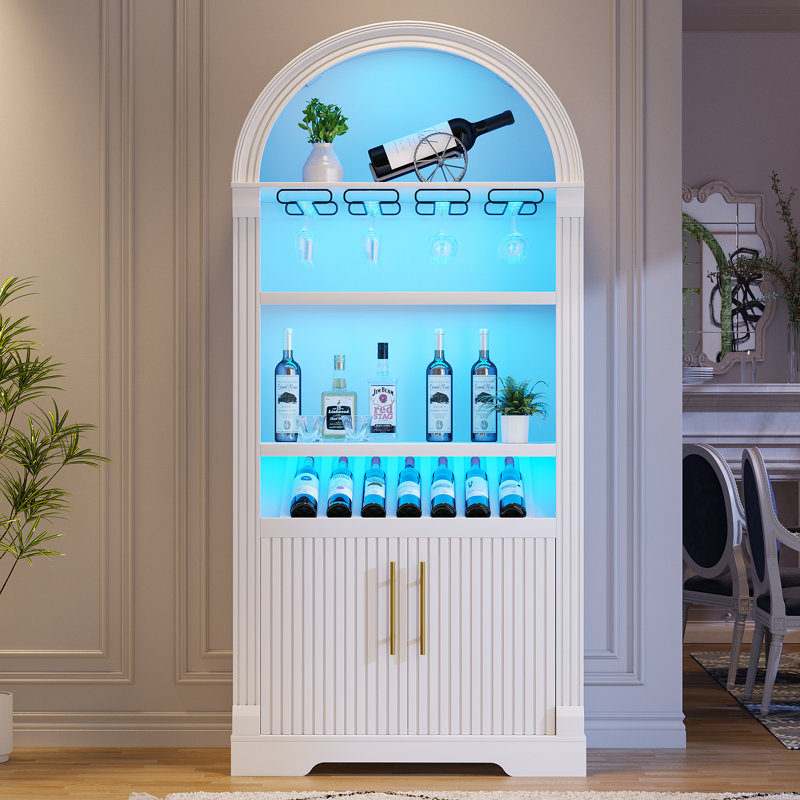 71''H Arch Wine Cabinets With Wine Glass Holder & Wine Rack, Bar Liquor Cabinets With Led Light & Motion Sensor, White