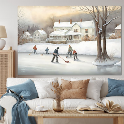 Enfants jouant au hockey en hiver III - art mural moderne sur toile