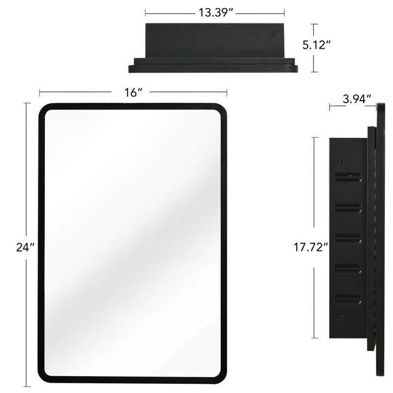 Armoire à miroir avec cadre en métal noir 16 x 24 pouces - fixation murale ou encastrée pour la salle de bain 3 tablettes réglables, cloisons en verre trempé, surface antirouille, style classique et surface de 1 cm d'épaisseur
