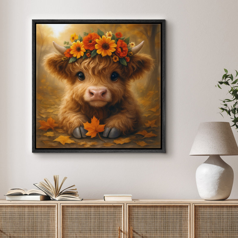 Mignonne vache des Highlands avec couronne de fleurs, images d'animaux de ferme rustiques, impression sur toile encadrée