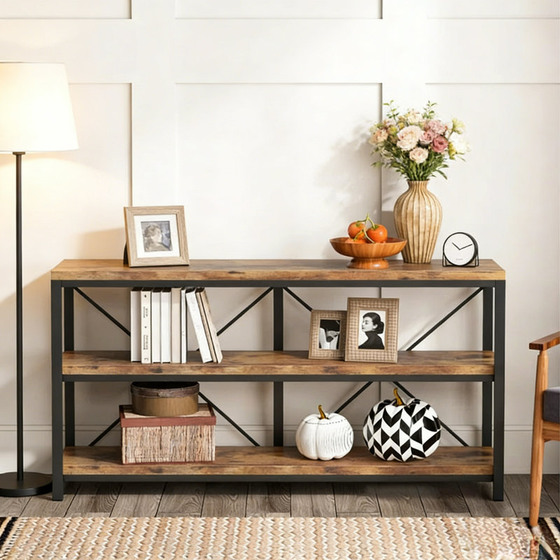 55-Inch Industrial Sofa Table, 3-Tier Console Table with Metal Frame and Open Shelves for Living Room, Entryway, Hallyway
