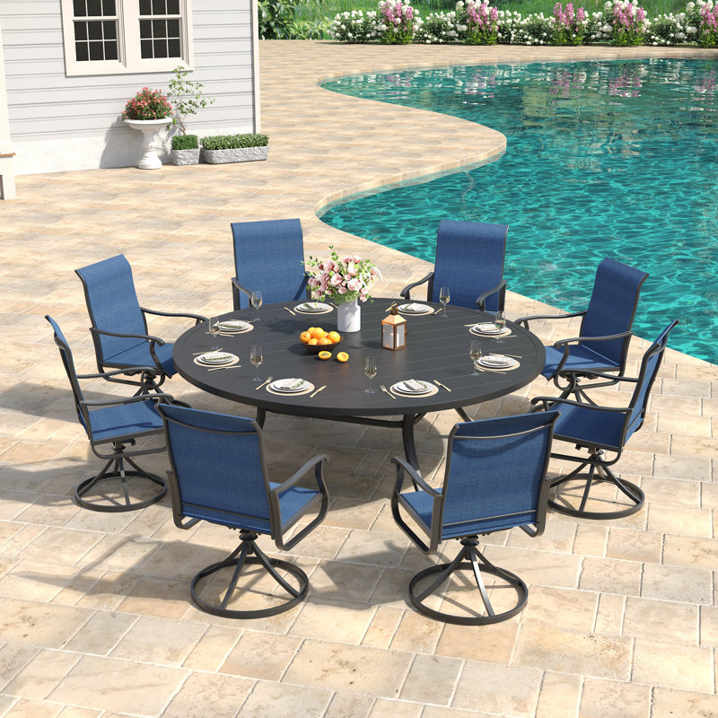 Orlando 8-Person Patio Dining Set with 63" Round Dining Table and 8 Swivel PVC-coated polyester Chairs, Black/Blue