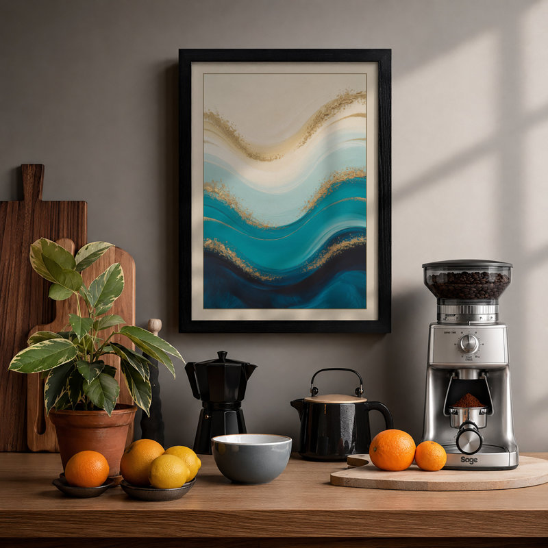 Flowing Waves Coastal - Framed Print, A2 - 59.4 x 42.0 cm, Black