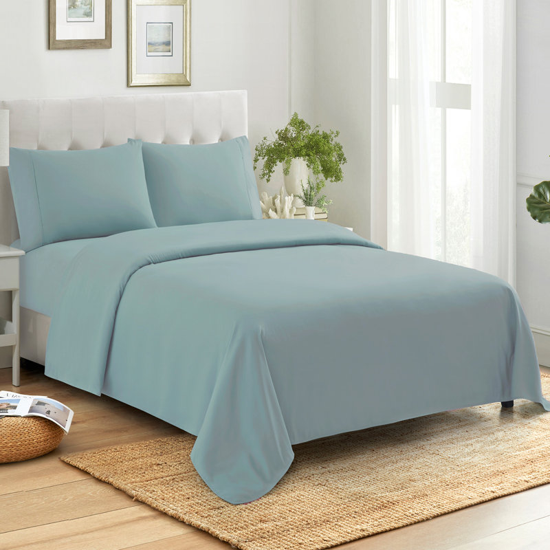 100% Cotton Percale 4-Piece Solid Sheet Set, Misty Blue, King