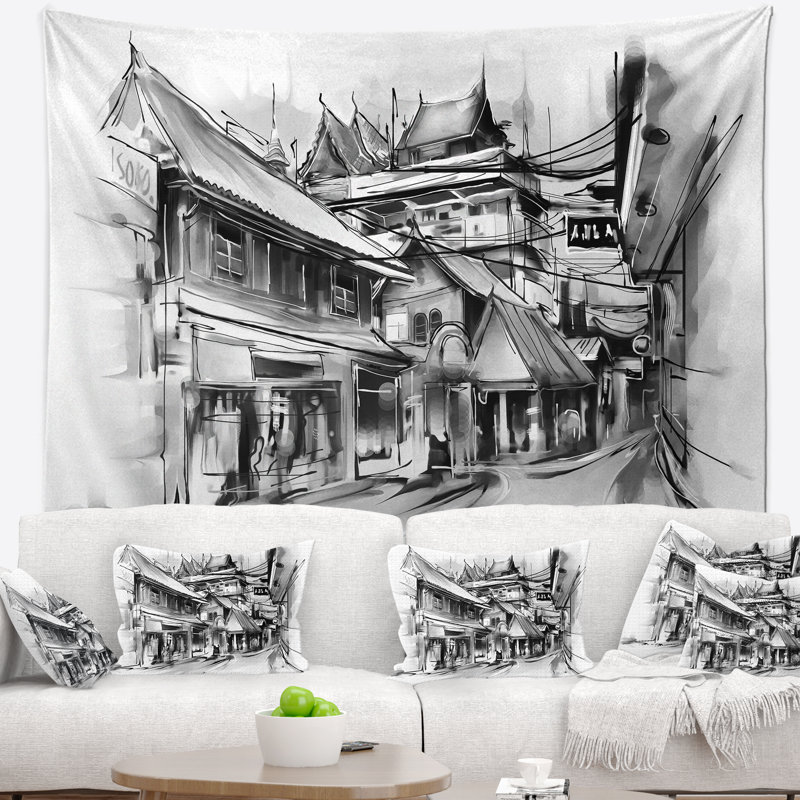 Tapisserie d'illustration de rue de ville Cityscape, H 50 po x l 60 po