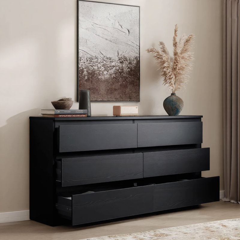 Commode double noire à 6 tiroirs, commode moderne en bois de 78,5 cm de large avec tiroirs profonds pour chambre à coucher