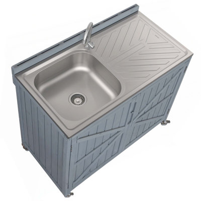39.4" Outdoor Kitchen Island With 304 Stainless Steel Sink, Hose Hook Up & Faucet, Back Splash & 4 Wheels