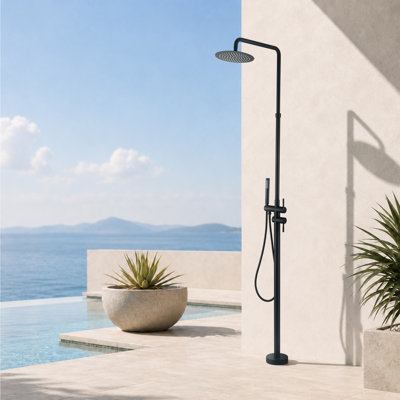 Système de douche extérieur chaud et froid autoportant avec pomme de douche à effet pluie et douche à main, colonne de douche en acier inoxydable 304, douche de patio à double fonction 1,8 GPM