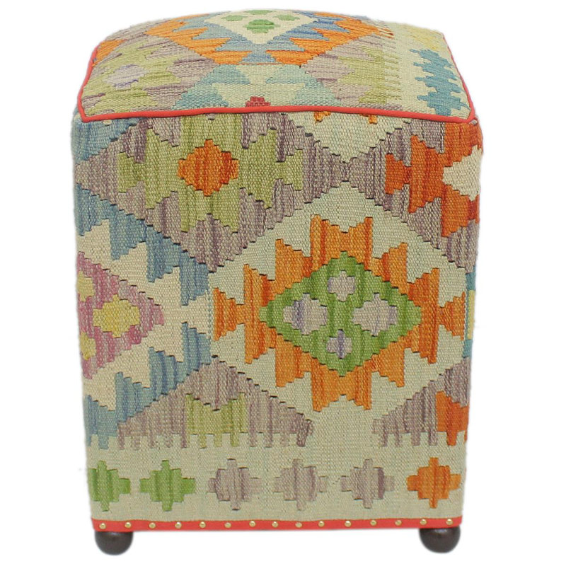 Repose-pieds standard carré de 15 po de largeur Aprea, Bleu / beige / orange / laine rouge