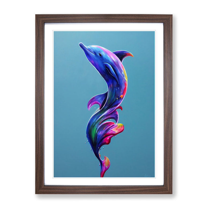 Dolphin Paint Splash No.1 - Framed Print, 64cm H x 46cm W x 2cm D, Walnut