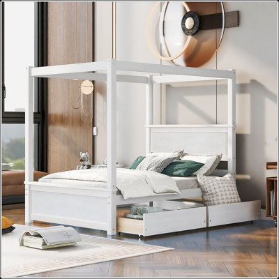 Lit à baldaquin en bois avec deux tiroirs, lit plateforme à baldaquin pleine grandeur avec lattes de soutien