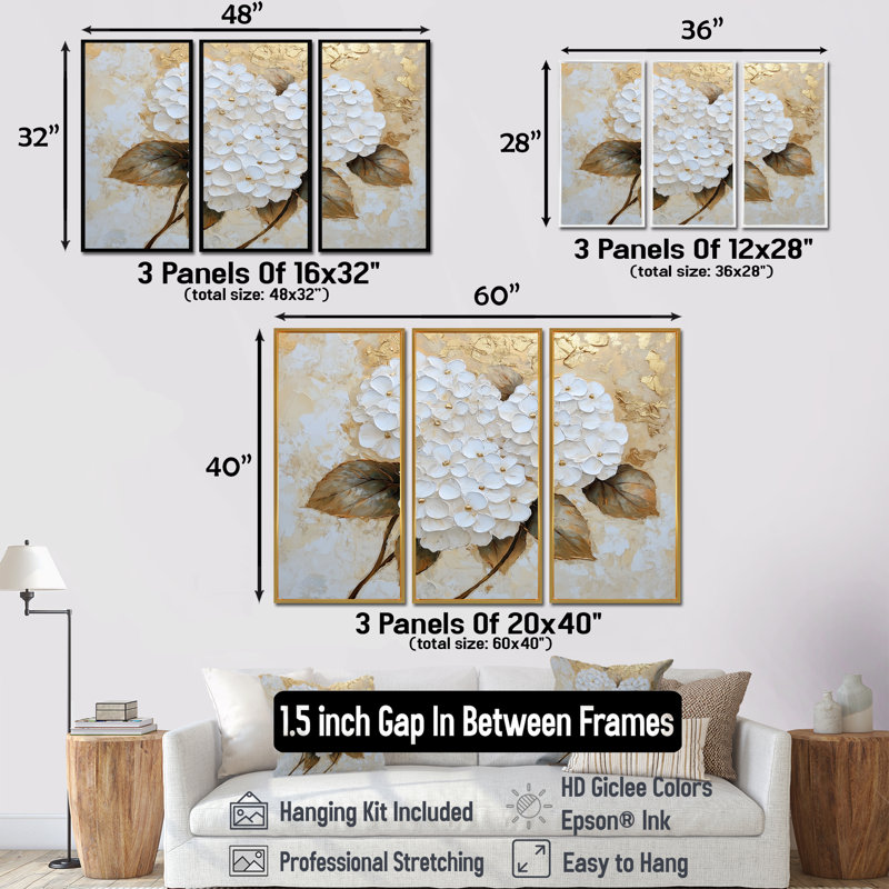 Adaliyah - ensemble d'art mural hortensia, Reproduction avec cadre flottant, H 28 po x l 36 po, Blanc