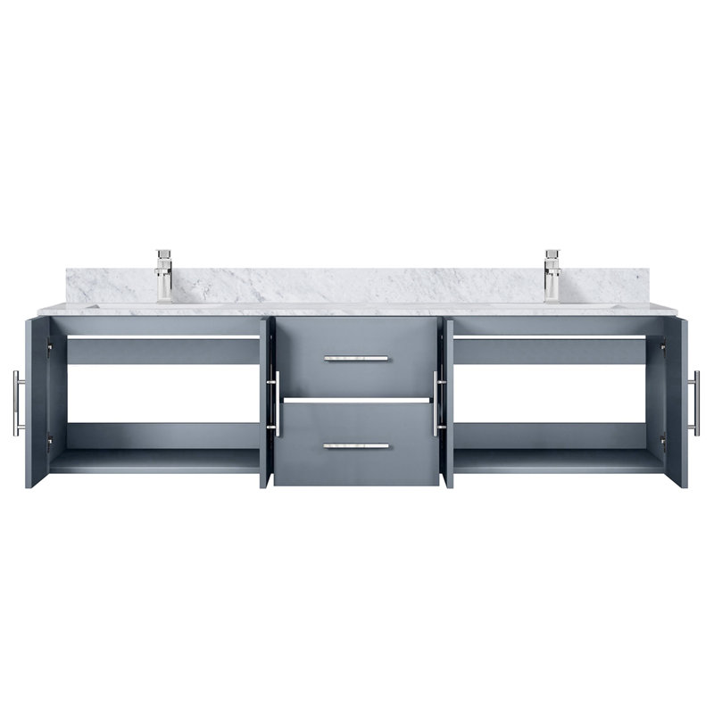 Geneva 72" Wall-Mounted Double Bathroom Vanity Set, Dark Gray, White Carrara Marble