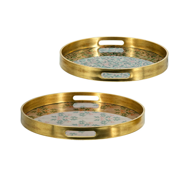 S/2 Round Glass And Plastic Trays With Multicolored Floral Designs L:d15.5X1.5" S:d13.5X1.5", Gold/Green​​ Floral
