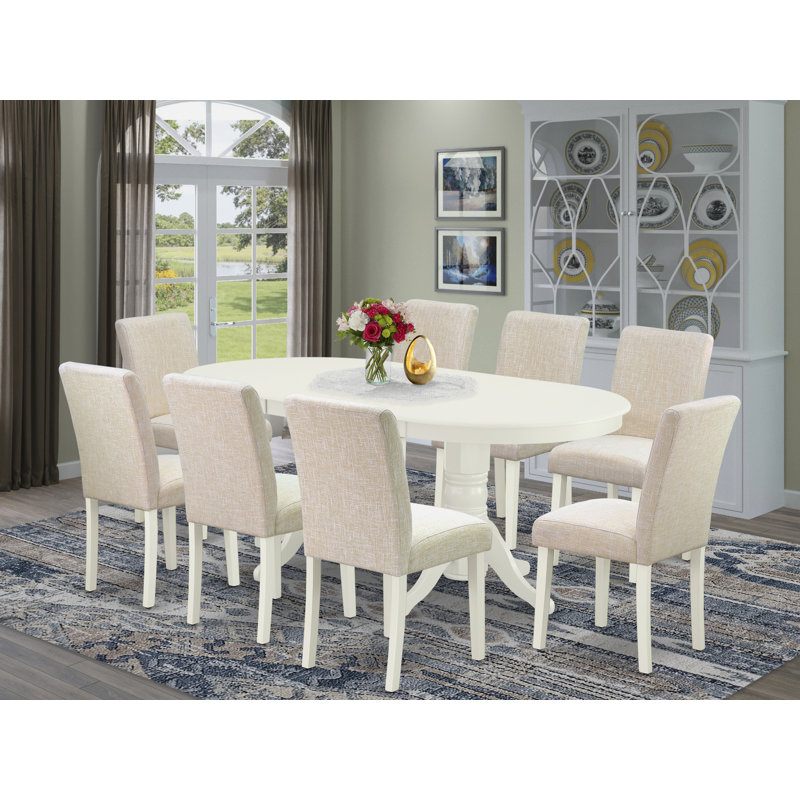 9 Piece Dining Room Set Includes an Oval Wooden Table with Butterfly Leaf and 8 Light Beige Linen Fabric Parson Dining Chairs, Linen White