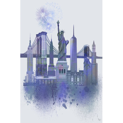 New York Skyline Watercolour Splash Blue by Fab Funky - Wrapped Canvas Art Print
