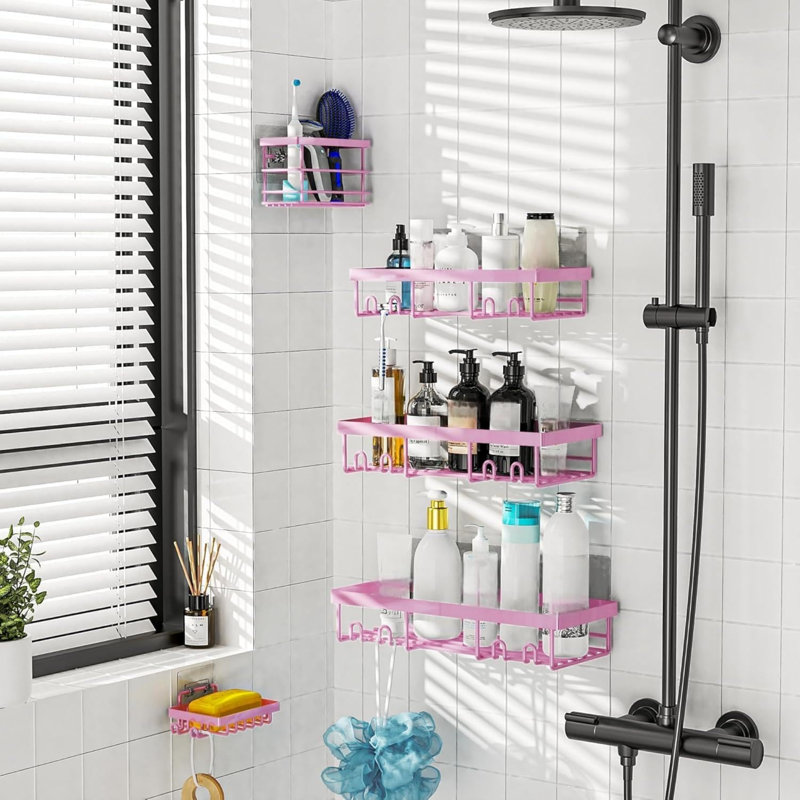 Ensemble de 5 organisateurs de salle de bain pour douche, étagères de rangement murales adhésives en acier inoxydable antirouille, porte-shampooing sans savon et porte-savon pour douche, salle de bain et meuble-lavabo