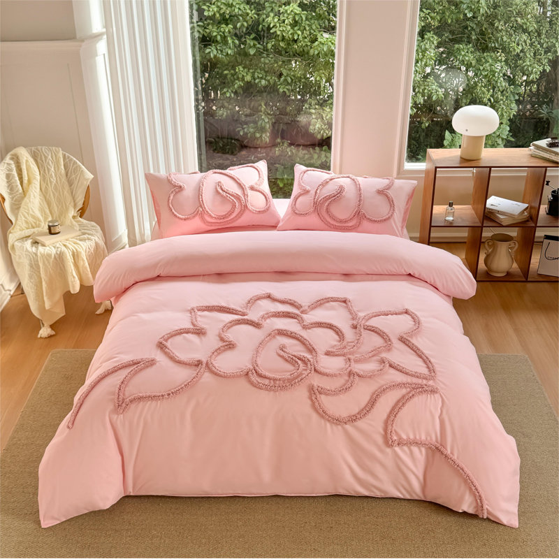 Ensemble de housse de couette avec fermeture à glissière et attaches Boho, Housse de couette simple + 1 taie d'oreiller, Rose