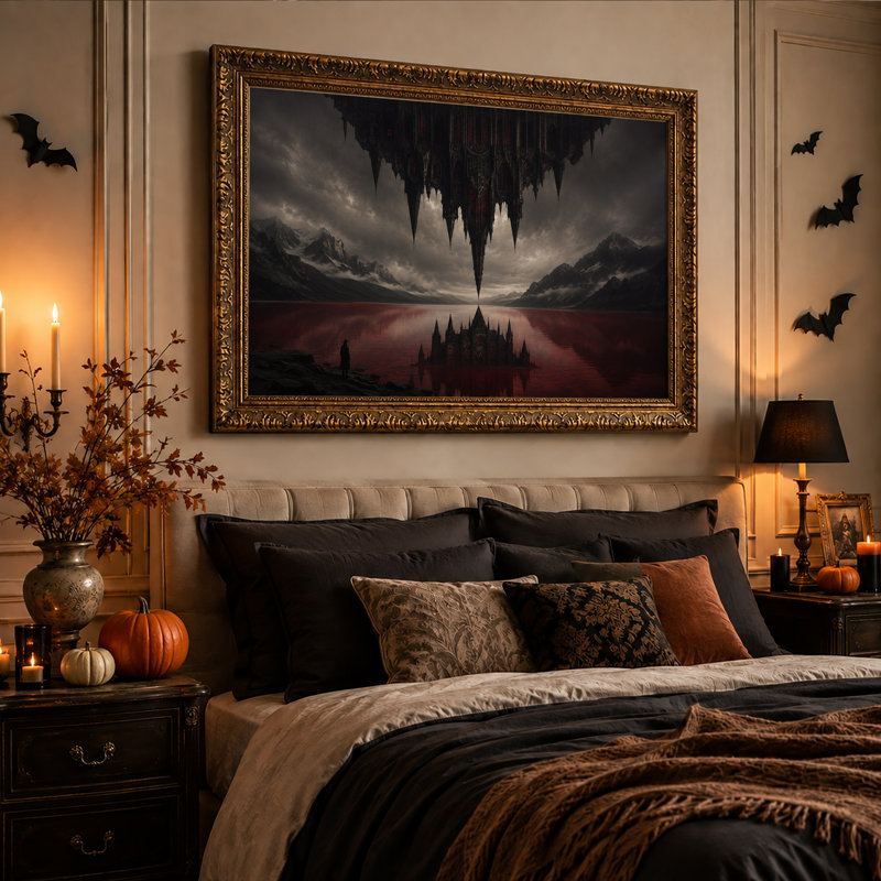 Toile murale surréaliste représentant un château gothique à l'envers surplombant le lac rouge, idéale pour l'Halloween