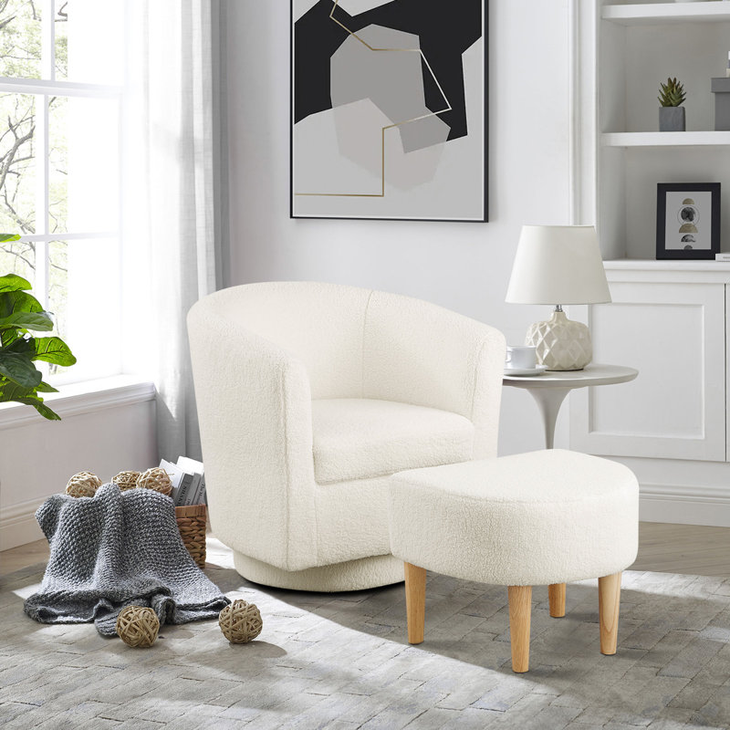 Sharolynn Upholstered Linen 27.6" Wide Swivel Barrel Chair with Ottoman, White Faux Fur Teddy