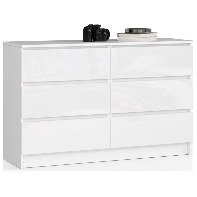 Elree 6 Drawer 120Cm W Double Dresser, White Gloss