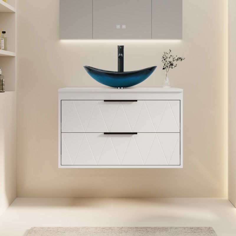 Ensemble de meuble-lavabo mural simple 30 po avec lavabo vasque en céramique Sharee, comptoir en bois manufacturé, robinet et bonde Sharee
