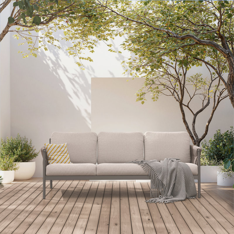 Arlend Outdoo 3-Person Sofa With Jumbo Rope And Thick Cushion, Beige Cushion/Gray Frame