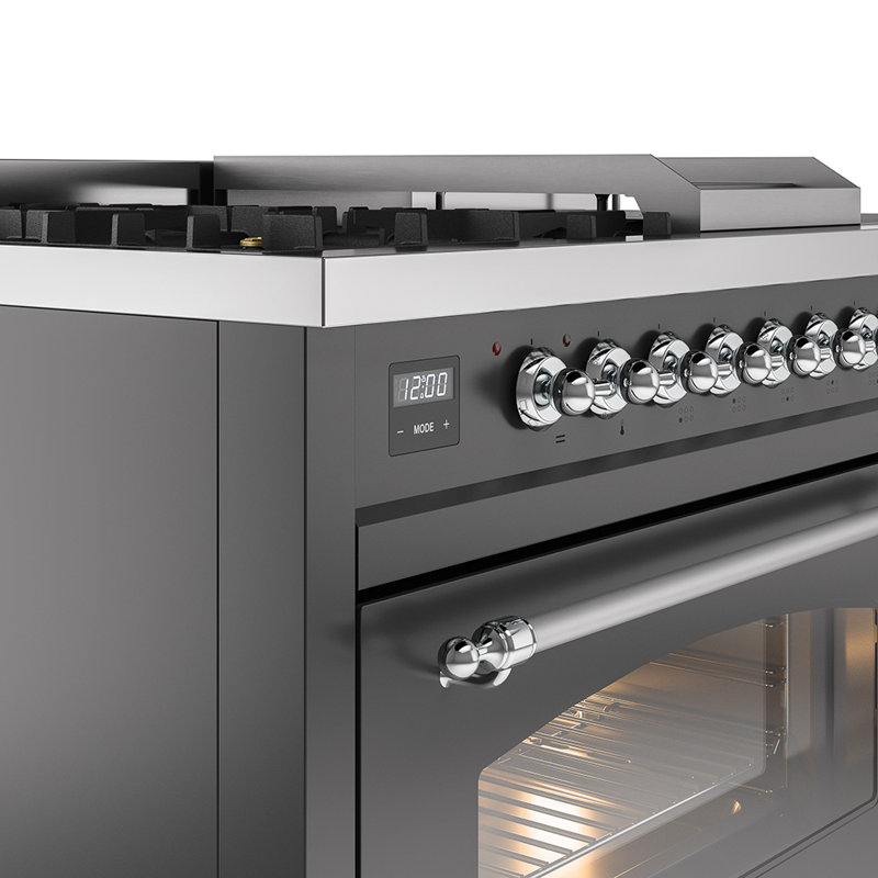 ILVE Nostalgie II Series 48 inch Dual Fuel Range with 5 Sealed Burners, Griddle, Frenchtop (Glass Door), Natural Gas