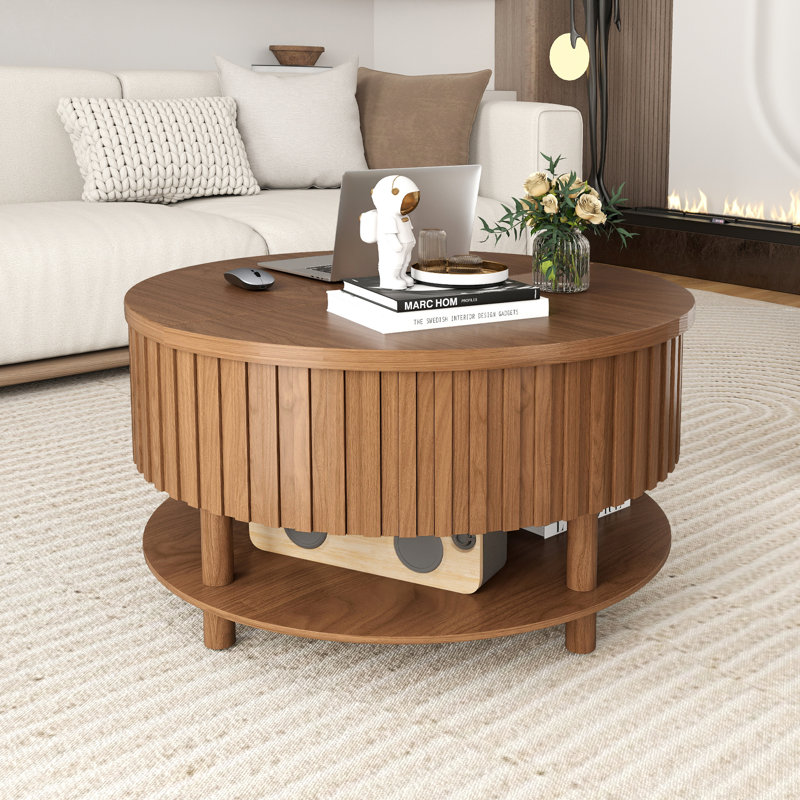 Table basse ronde à plateau relevable avec rangement caché, table de cocktail cannelée à 2 niveaux avec tablette ouverte