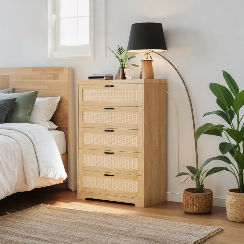  Commode haute 5 tiroirs en bois avec prises, poignées en métal, rangement pour chambre à coucher