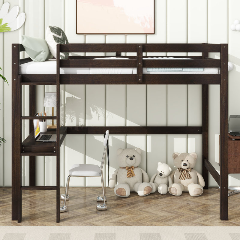 Lit mezzanine simple avec bureau et garde-corps, espresso en bois d'hévéa