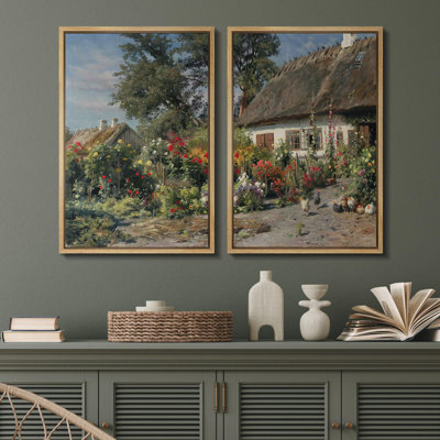 «Rustic Charm Thatched Cottage And Blossoming Garden», 2 pièces sur toile