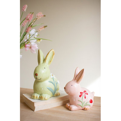  Set of 2 Faux Concrete Bunny Figurines 9" Tall Colorful Tabletop Decor