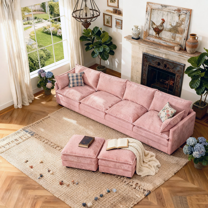 130" Oversized Upholstery Modular Sectional Sofas With Two Ottoman For Living Room, Pink Chenille