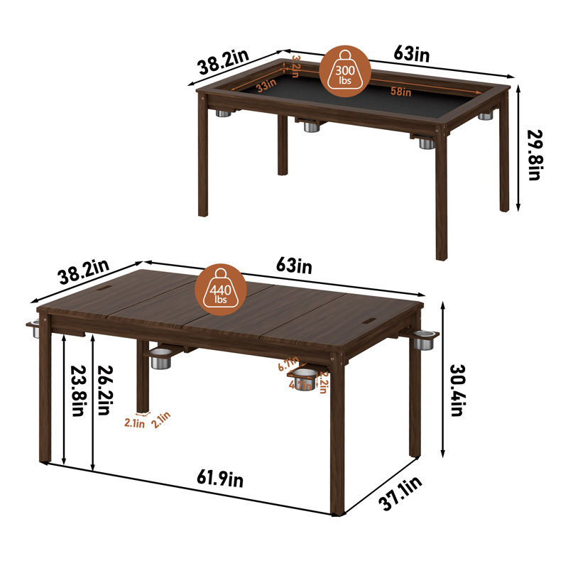  Table de jeu en bois massif pour 4 à 6 personnes avec plateau amovible, table de jeu et de réflexion, table de jeu / salle à manger convertible, surface de jeu de 63 po x 38 po, tapis de jeu, 6 porte-gobelets et plateau pour passe-temps