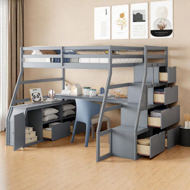 Lit mezzanine double avec 7 tiroirs, tablettes et bureau - Conception compacte, Gris