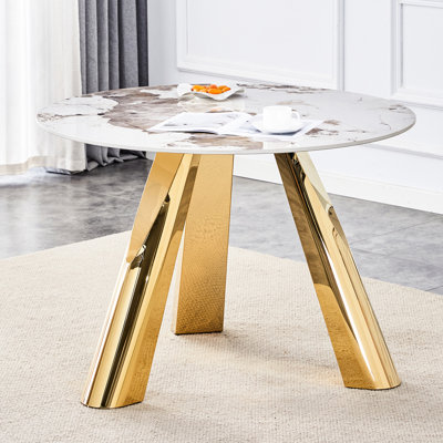 Table de luxe en pierre frittée de 42 pouces avec plateau de 0,45 po, 6 pieds en acier, capacité de 350 lb, surface veinée teint / blanc chaud / gris, style contemporain W1512s00113, 3 pieds de nivellement réglables pour le plancher