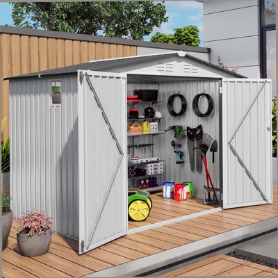 Remise de jardin extérieure en métal 8 x 6 pi, remise à outils avec toit incliné imperméable avec une fenêtre et deux portes verrouillables, remise à outils en métal pour le rangement des outils de jardin, les articles divers et le rangement des v