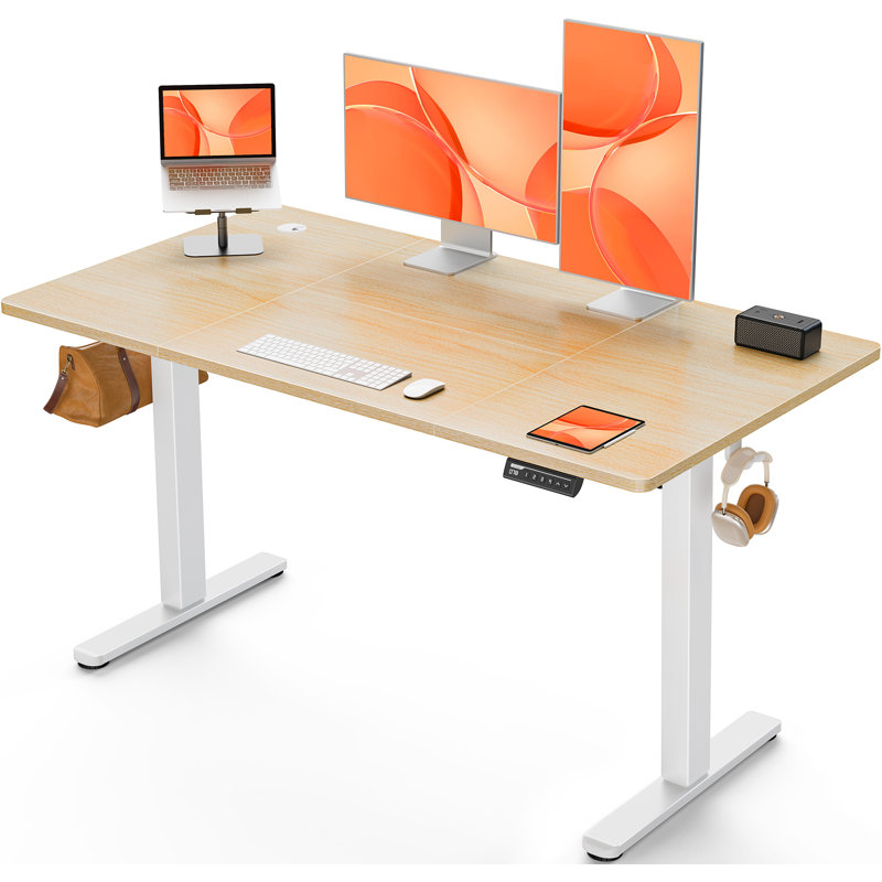 Height Adjustable Rectangular Standing Desk, 118cm H x 140cm W x 70cm D, Beige/White