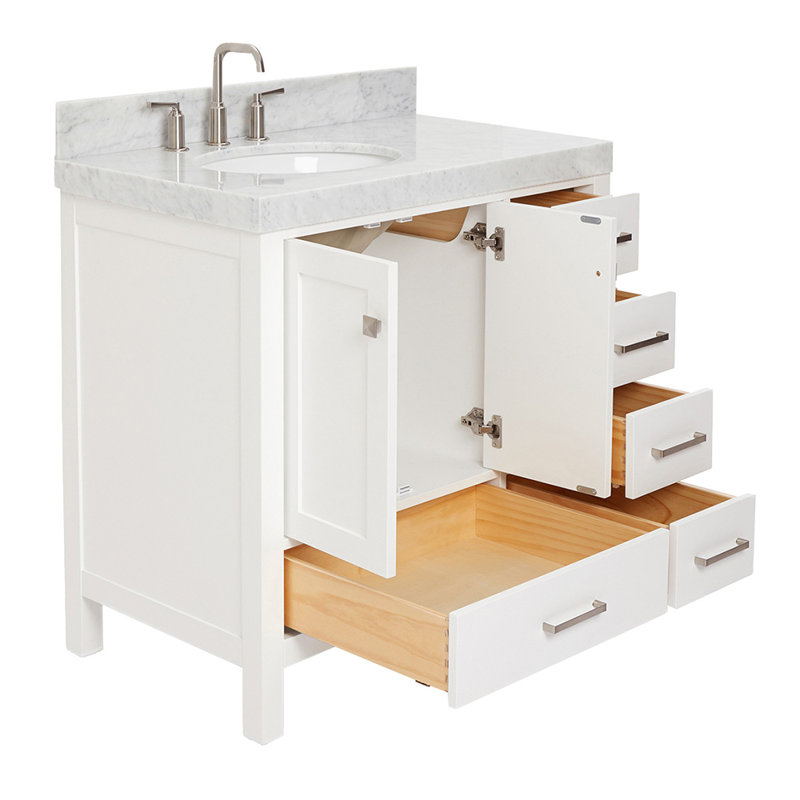 Ariel Cambridge 36 In. Right Offset Vanity With 2 In. Carrara Marble Countertop, White, Brushed Nickel